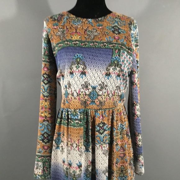 Zara Trafaluc Dress Womens Medium Multicolor Patchwork Boho Long Sleeve Midi - Picture 3 of 13